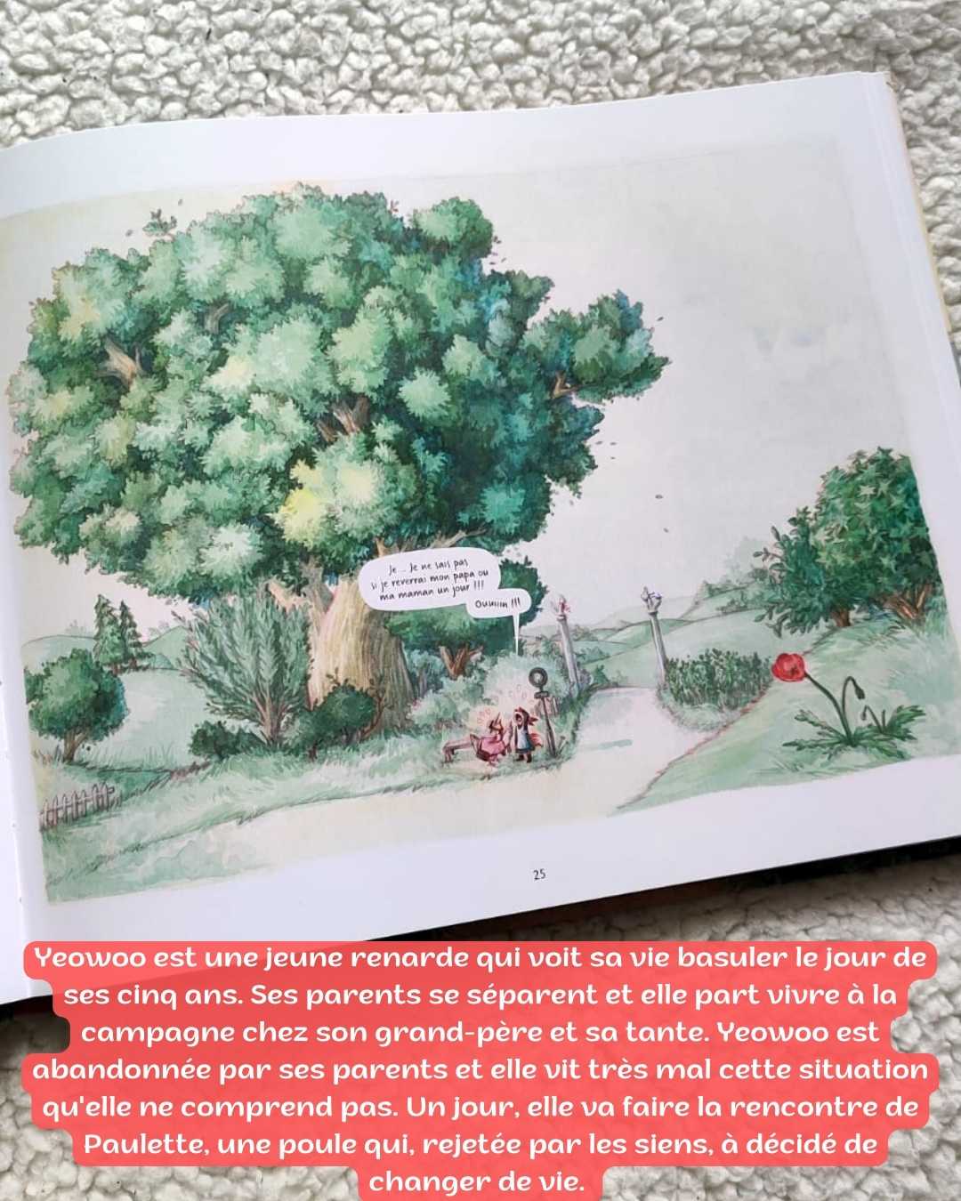 Yeowoo est une jeune renarde qui voit sa vie basuler le jour de ses cinq ans. Ses parents se séparent et elle part vivre à la campagne chez son grand-père et sa tante. Yeowoo est abandonnée par ses parents et elle vit très mal cette situation qu'elle ne comprend pas. Un jour, elle va faire la rencontre de Paulette, une poule qui, rejetée par les siens, à décidé de changer de vie. 